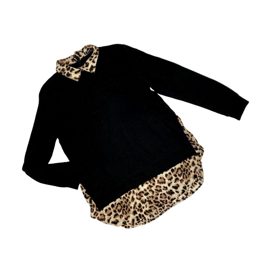 SHEIN Oversize Black & Leopard Print Collared Shirt - Size Large